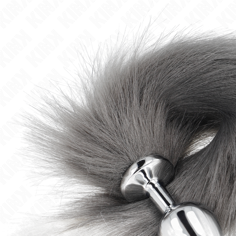 KINK - PLUG ANAL TAILLE M 8 X 3,5 CM AVEC QUEUE SYNTHÉTIQUE 40 CM ARGENT ET BLANC