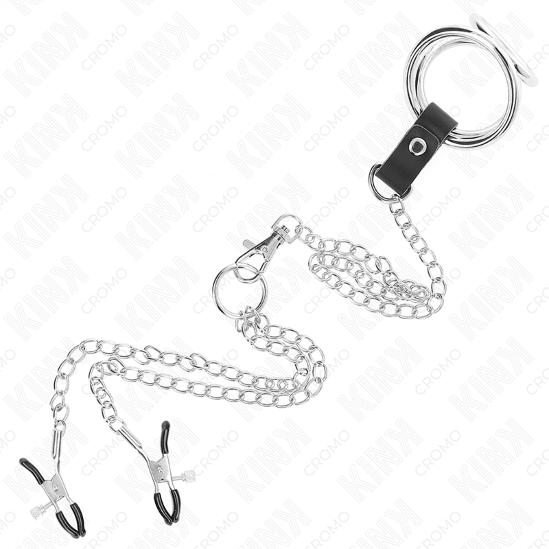 KINK - TRIPLE CHROME METAL COCK RING 3.8 CM TO 5 CM WITH 26 CM METAL CHAIN AND NIPPLE CLAMPS MODEL 1