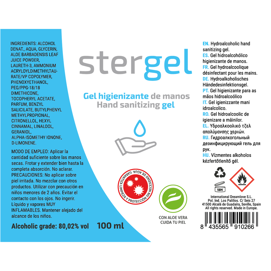 STERGEL - GEL HYDROALCOOLIQUE HYDROALCOOLIQUE POUR LES MAINS À L'ALOE VERA 100ML