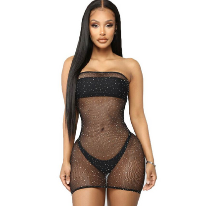 LINGERIE QUEEN - ROBE BODY EN RÉSILLE AVEC DIAMANTS S/L