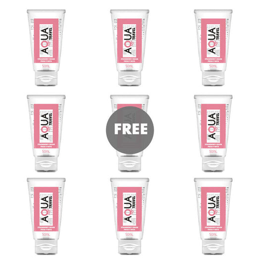 AQUA TRAVEL - LUBRIFIANT À BASE D'EAU SAVEUR FRAISE ET CRÈME - 50 ML 8+1 GRATUIT