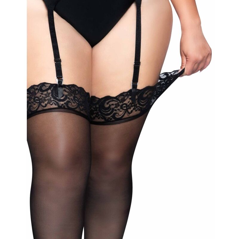 LEG AVENUE - OUTLET - BAS NYLON NOIR AVEC HAUT EN DENTELLE PLUS