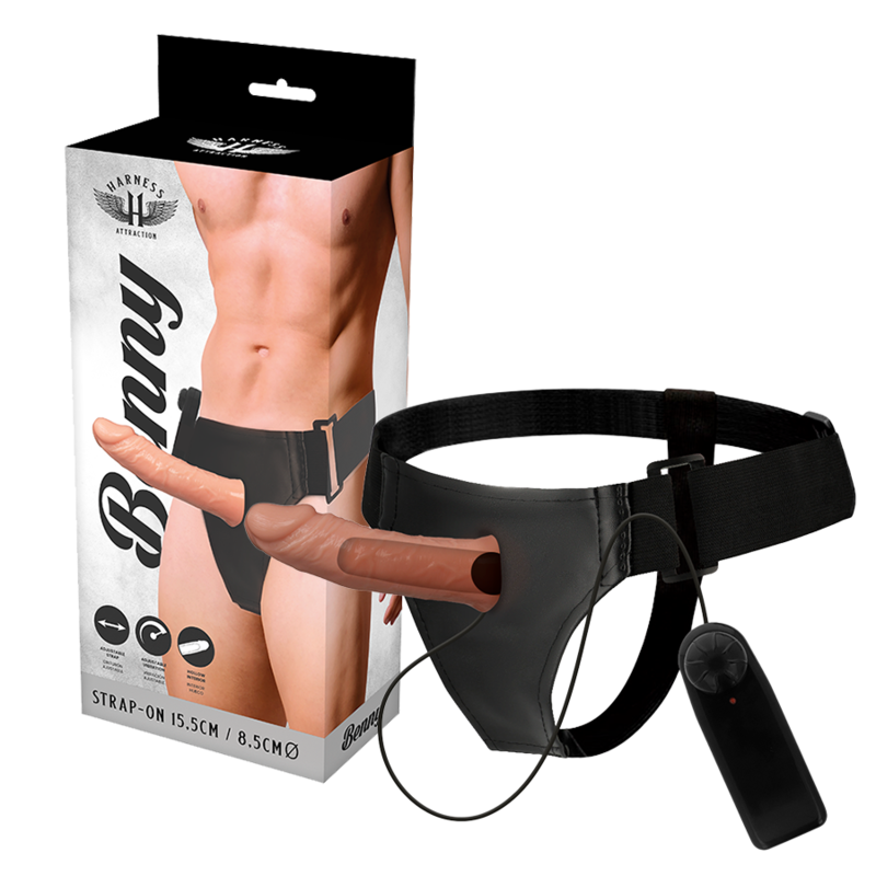 HARNESS ATTRACTION - BENNY HOLLOW HARNESS WITH VIBRATOR 15 CM -OR- 4.5 CM