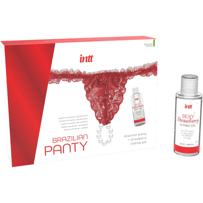 LANZAMIENTOS INTT - PANTY BRASILEÑO ROJO CON PERLAS Y GEL LUBRICANTE 50 ML