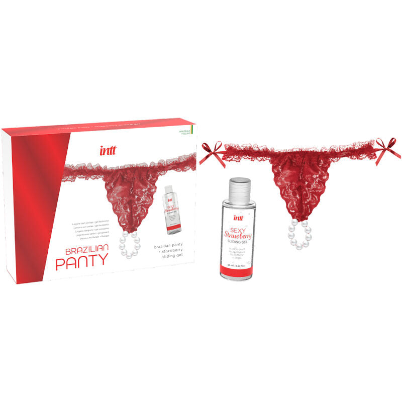 LANZAMIENTOS INTT - PANTY BRASILEÑO ROJO CON PERLAS Y GEL LUBRICANTE 50 ML