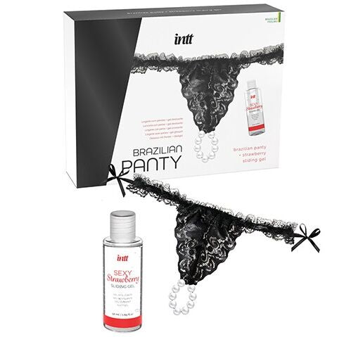 INTT RELEASES - BRAZILIAN BLACK PANTY WITH PEARLS AND LUBRICANT GEL 50 ML