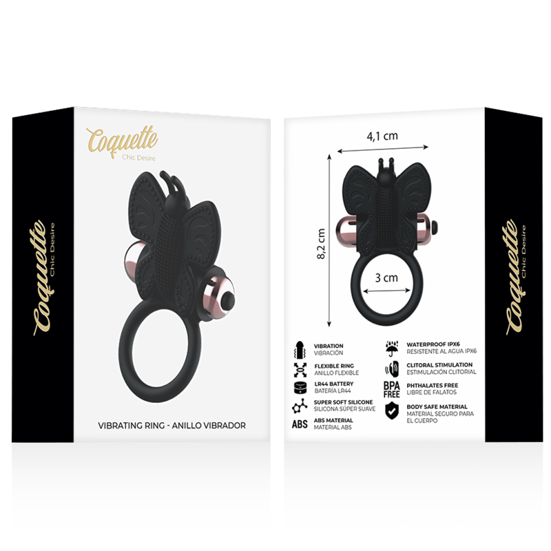 COQUETTE CHIC DESIRE - COCK RING PAPILLON AVEC VIBRATEUR NOIR/OR