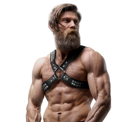 FETISH SUBMISSIVE ATTITUDE - MEN'S FAUX LEATHER CROSS CHEST HARNESS WITH RIVETS
