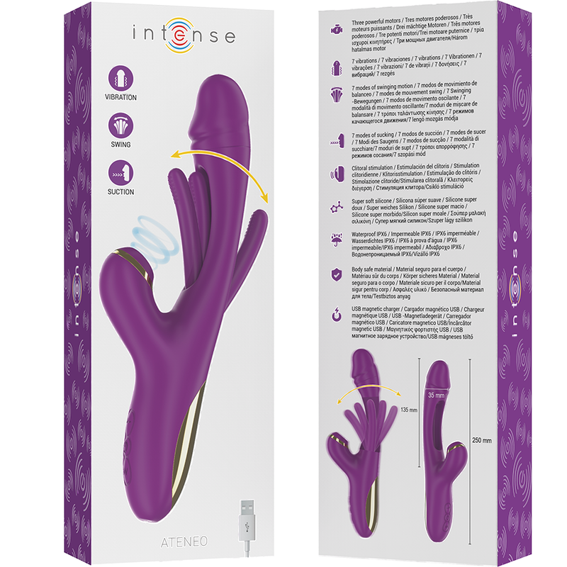 INTENSE - ATENEO VIBRADOR MULTIFUNCIÓN RECARGABLE 7 VIBRACIONES CON MOVIMIENTO DE OSCILACIÓN Y SUCCIÓN MORADO