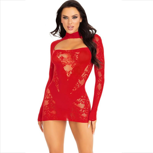 LEG AVENUE - MINI DRESS WITH LACE LONG SLEEVE RED