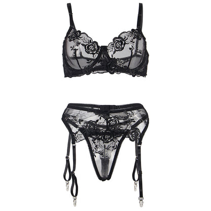 SUBBLIME - ENSEMBLE 3 PIECES SOUTIEN-GORGE + STRING + JARRETELLE IMPRIMÉ FLEURI NOIR S/M