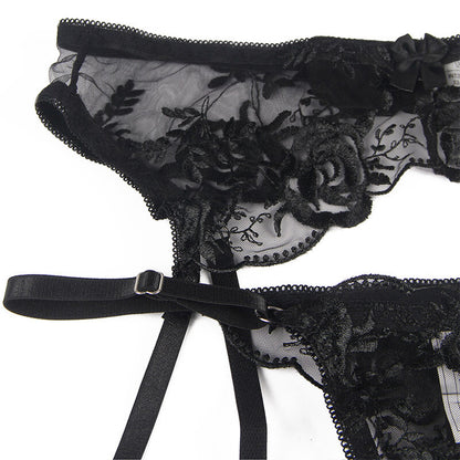 SUBBLIME - ENSEMBLE 3 PIECES SOUTIEN-GORGE + STRING + JARRETELLE IMPRIMÉ FLEURI NOIR S/M