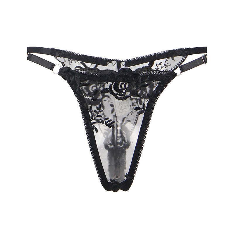 SUBBLIME - ENSEMBLE 3 PIECES SOUTIEN-GORGE + STRING + JARRETELLE IMPRIMÉ FLEURI NOIR S/M