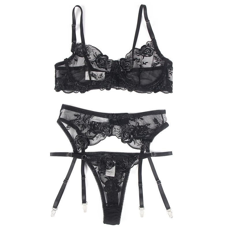 SUBBLIME - ENSEMBLE 3 PIECES SOUTIEN-GORGE + STRING + JARRETELLE IMPRIMÉ FLEURI NOIR S/M