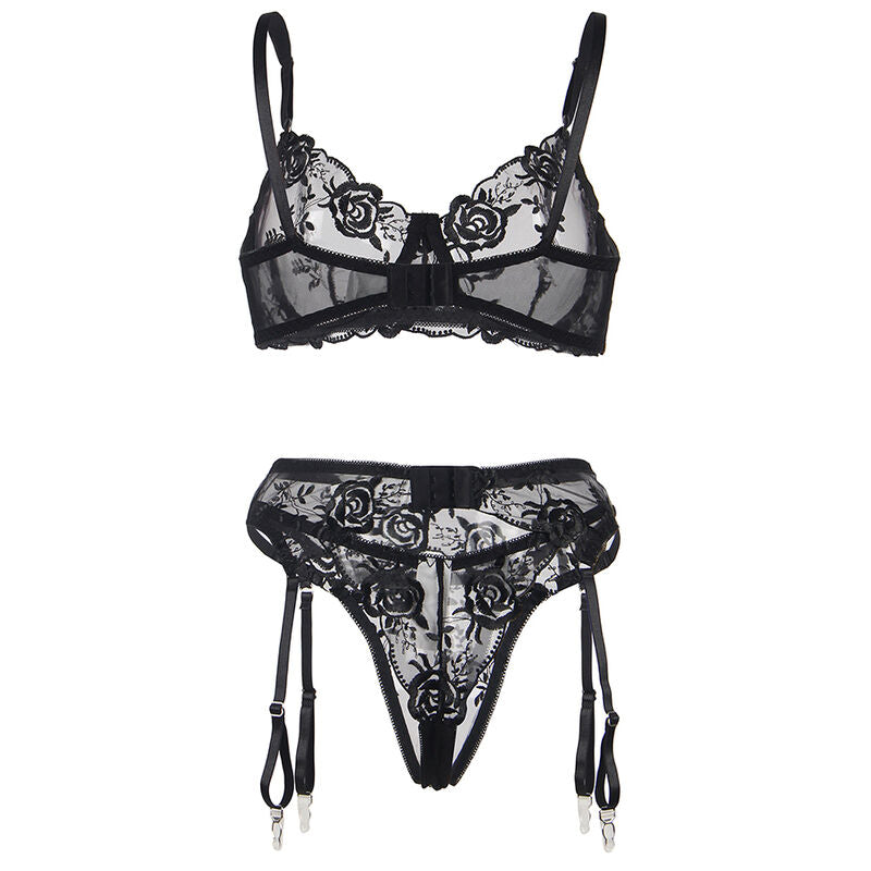 SUBBLIME - ENSEMBLE 3 PIECES SOUTIEN-GORGE + STRING + JARRETELLE IMPRIMÉ FLEURI NOIR S/M