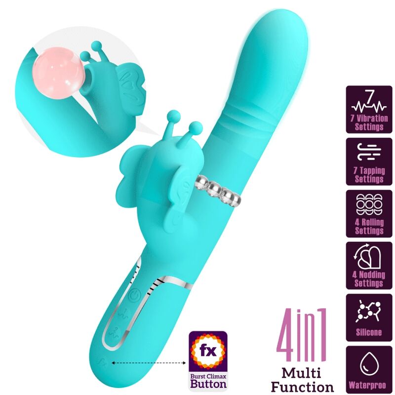 PRETTY LOVE - VIBRADOR CONEJO MULTIFUNCIÓN 4 EN 1 MARIPOSA VERDE AGUA