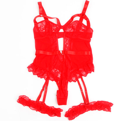 SUBBLIME - TEDDY AVEC JARRETELLE AVEC DETAIL DENTELLE ET BANDES ROUGE S/M