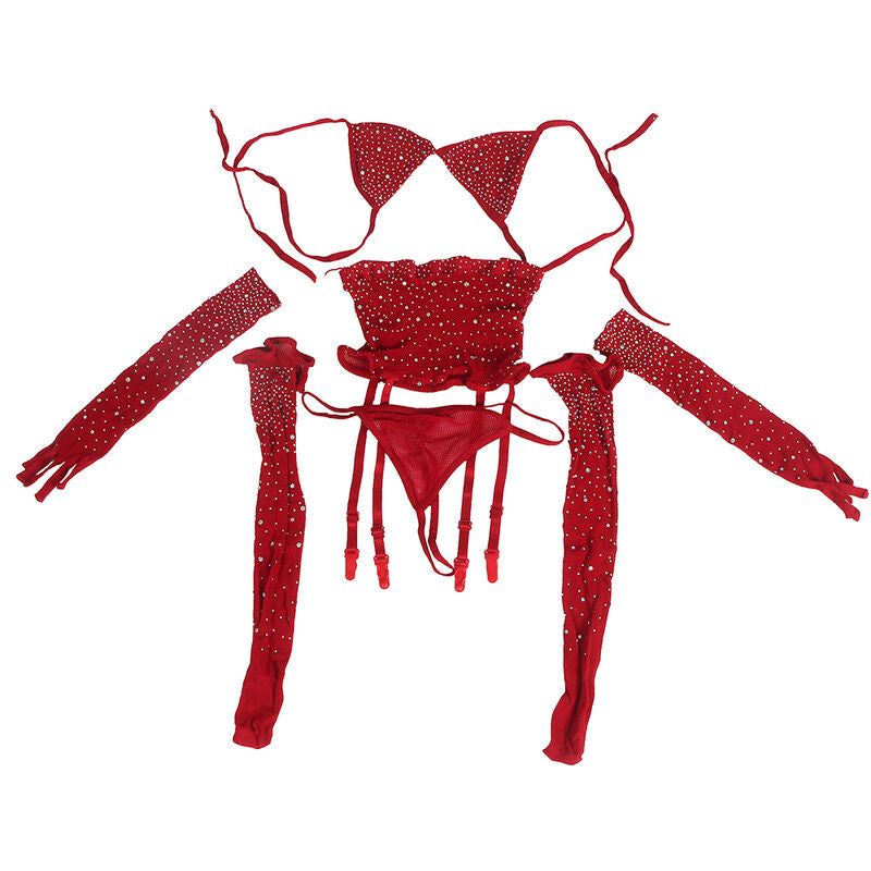 SUBBLIME - 952181 Fishnet Bodystocking with Gloves and Red Diamonds, One Size