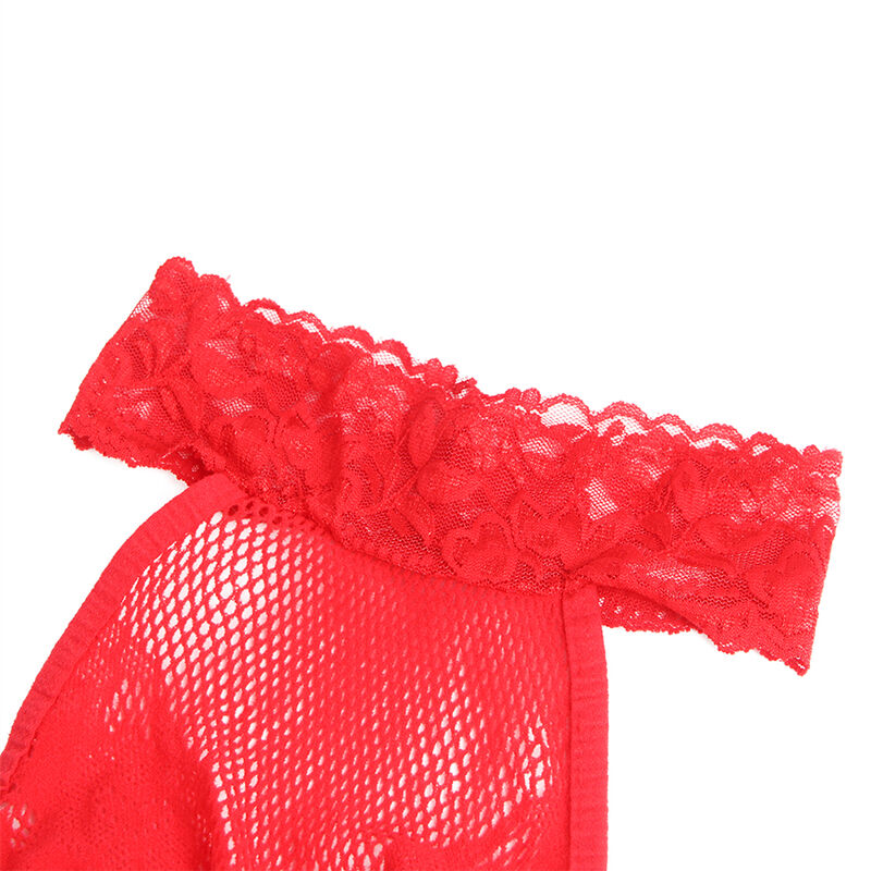 SUBBLIME - 952372 Fishnet and Lace Crotchless Bodystocking with High Neck, Red, One Size