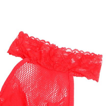 SUBBLIME - 952372 Fishnet and Lace Crotchless Bodystocking with High Neck, Red, One Size