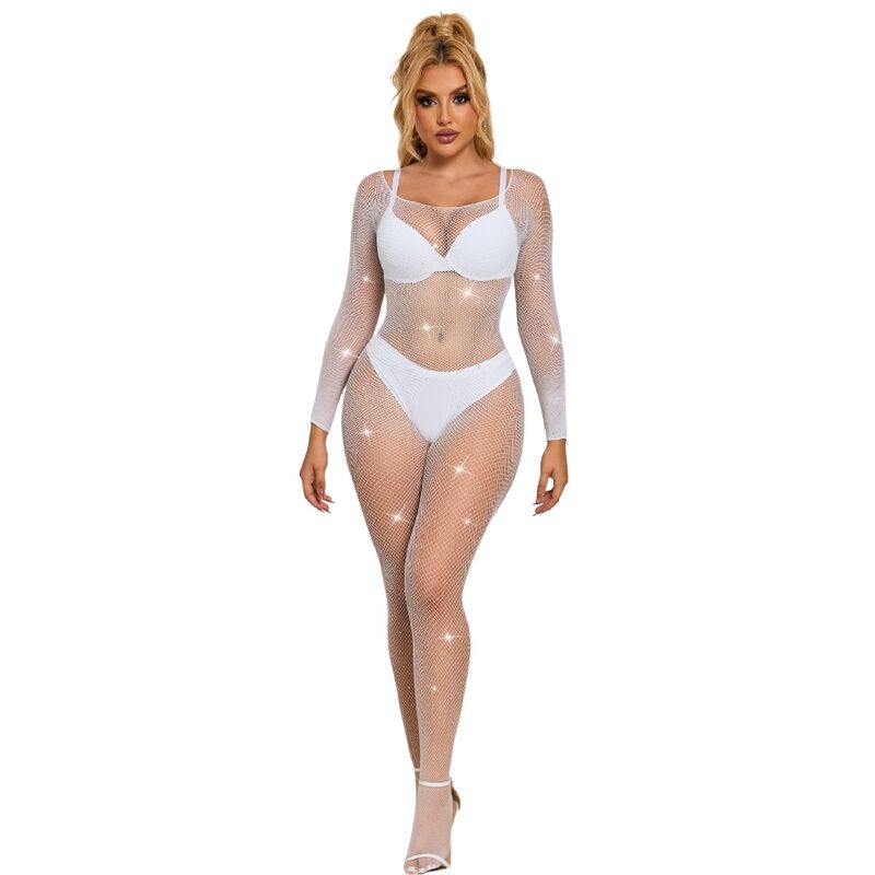 SUBBLIME - 952396 White Long-Sleeved Fishnet Bodystocking with Diamonds, One Size