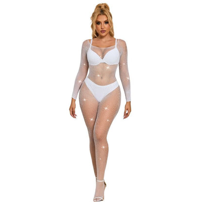 SUBBLIME - 952396 White Long-Sleeved Fishnet Bodystocking with Diamonds, One Size