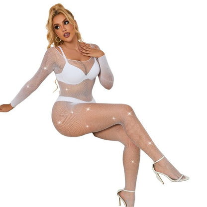 SUBBLIME - 952396 White Long-Sleeved Fishnet Bodystocking with Diamonds, One Size