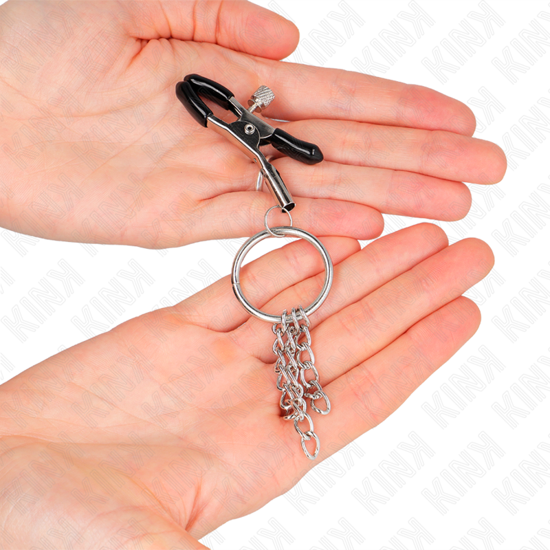 KINK - PINCES À TÉTONS AVEC ANNEAU ET PETITES CHAÎNES ARGENTÉES 6 CM