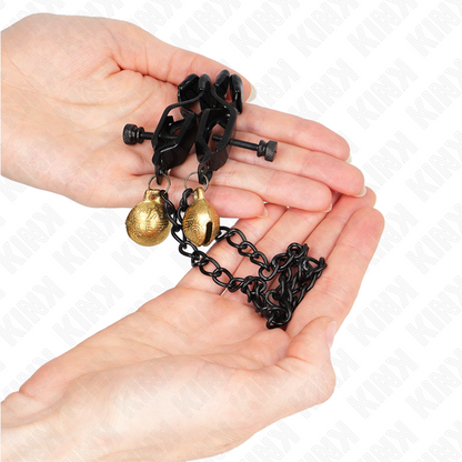 KINK - BLACK FLAT NIPPLE CLAMPS WITH SILVER BELL AND CHAIN ​​30 CM