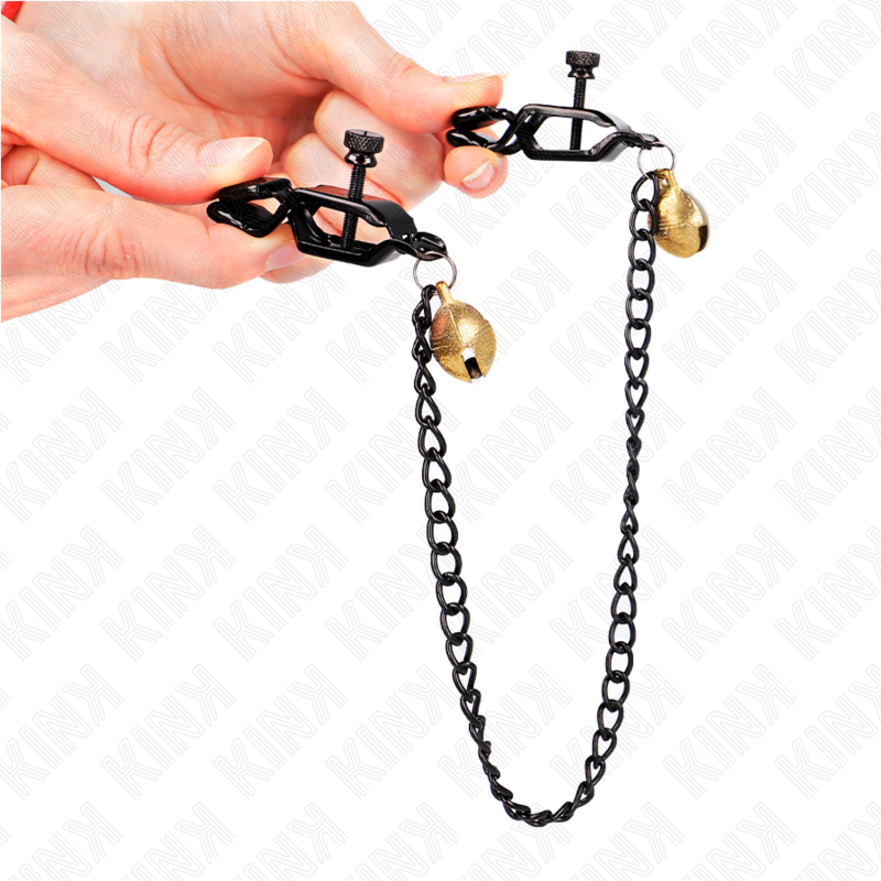KINK - BLACK FLAT NIPPLE CLAMPS WITH SILVER BELL AND CHAIN ​​30 CM