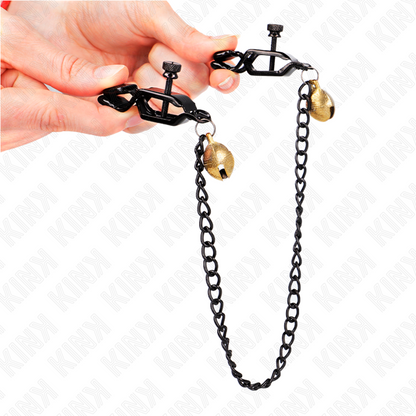 KINK - BLACK FLAT NIPPLE CLAMPS WITH SILVER BELL AND CHAIN ​​30 CM