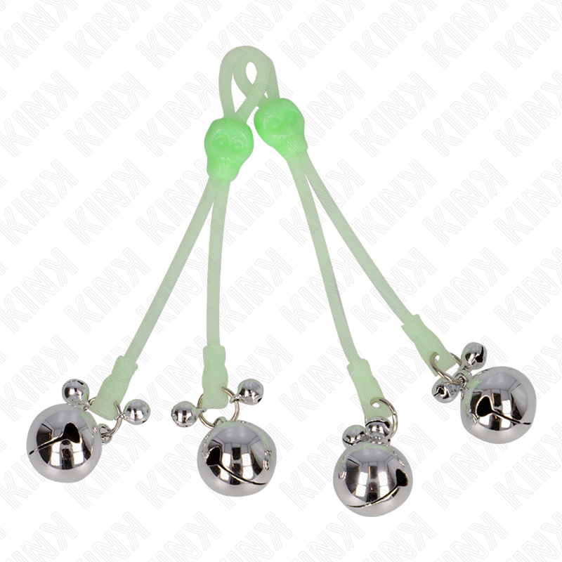 KINK - SKULL-SHAPED LIGHT-UP NIPPLE CLAMPS WITH ADJUSTABLE SOUNDING BELL GREEN/SILVER