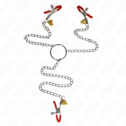 KINK - RED NIPPLE AND CLITORIS CLAMPS WITH GOLD BELL AND CHAIN ​​30 CM