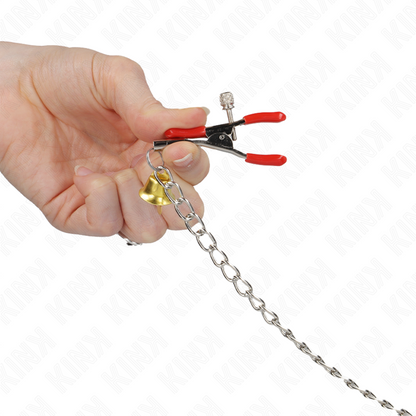 KINK - RED NIPPLE AND CLITORIS CLAMPS WITH GOLD BELL AND CHAIN ​​30 CM