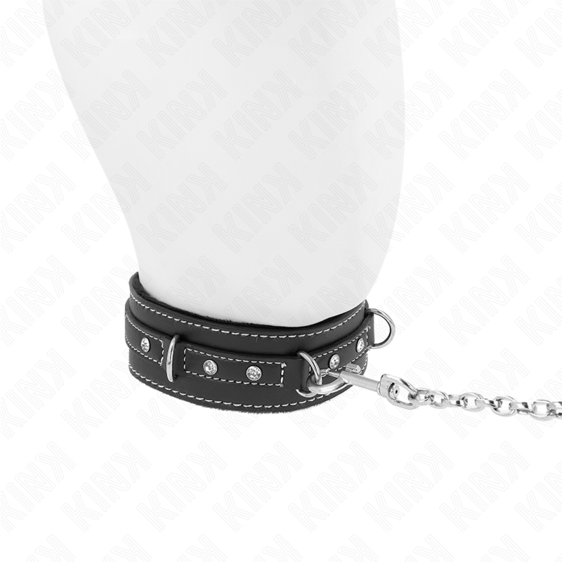 KINK - Collier en cuir PVC 105 cm avec rivet strass, laisse 41,5 x 4 cm