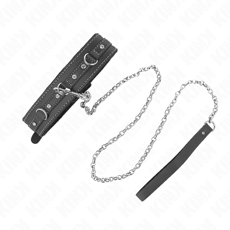 KINK - Collier en cuir PVC 105 cm avec rivet strass, laisse 41,5 x 4 cm
