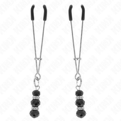 KINK - THIN SILVER NIPPLE CLAMPS WITH TRIPLE BLACK GLASS BALLS 7 CM