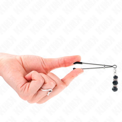 KINK - THIN SILVER NIPPLE CLAMPS WITH TRIPLE BLACK GLASS BALLS 7 CM