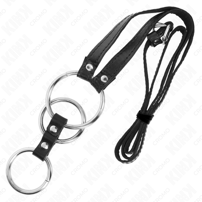KINK - TRIPLE METAL COCK RING 3.8 CM TO 5 CM WITH LEATHERETTE BELT 112 CM