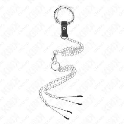 KINK - TRIPLE CHROME METAL COCK RING 3 CM TO 4.5 CM WITH 26 CM METAL CHAIN ​​AND NIPPLE CLAMPS