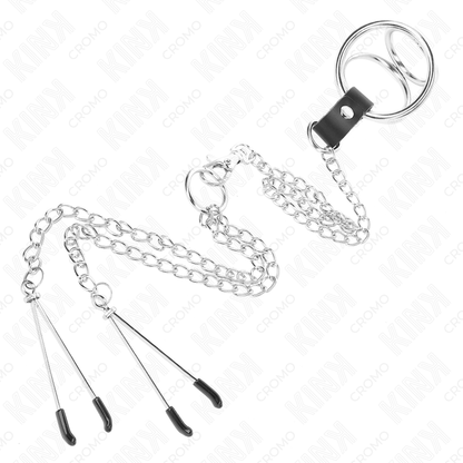 KINK - TRIPLE CHROME METAL COCK RING 3 CM TO 4.5 CM WITH 26 CM METAL CHAIN ​​AND NIPPLE CLAMPS