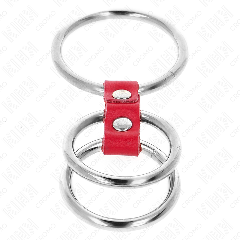 KINK - TRIPLE METAL COCK RING 3.7 CM TO 5 CM CONNECTED WITH RED LEATHER