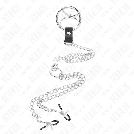 KINK - TRIPLE CHROME METAL COCK RING 3.8 CM TO 5 CM WITH 26 CM METAL CHAIN ​​AND NIPPLE CLAMPS MODEL 1