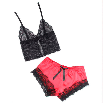 SUBBLIME - 953966 PYJAMA SEXY SATIN ET DENTELLE NOIR/ROUGE L/XL