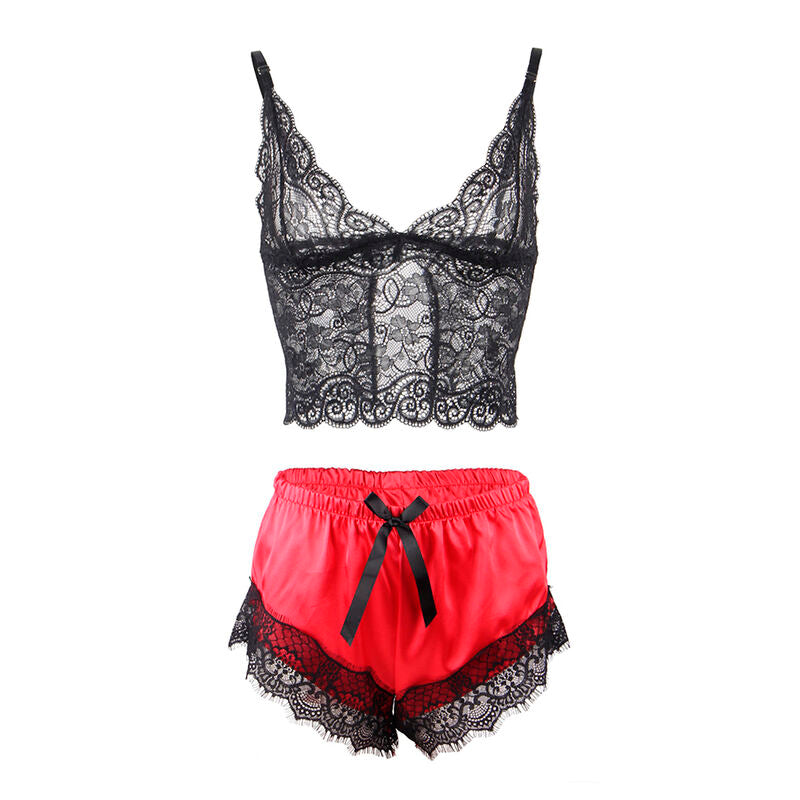 SUBBLIME - 953966 PYJAMA SEXY SATIN ET DENTELLE NOIR/ROUGE L/XL