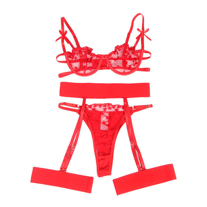 SUBBLIME - 954321 SOUTIEN-GORGE + STRING + PORTE-JARRETELLES IMPRIMÉ COEUR ROUGE S/M