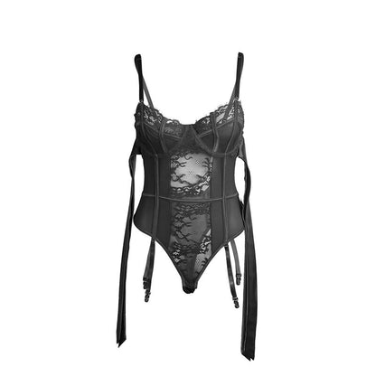 SUBBLIME - 955502 LACE BODYSUIT WITH BOWS AND GARTER STRAP BLACK L/XL