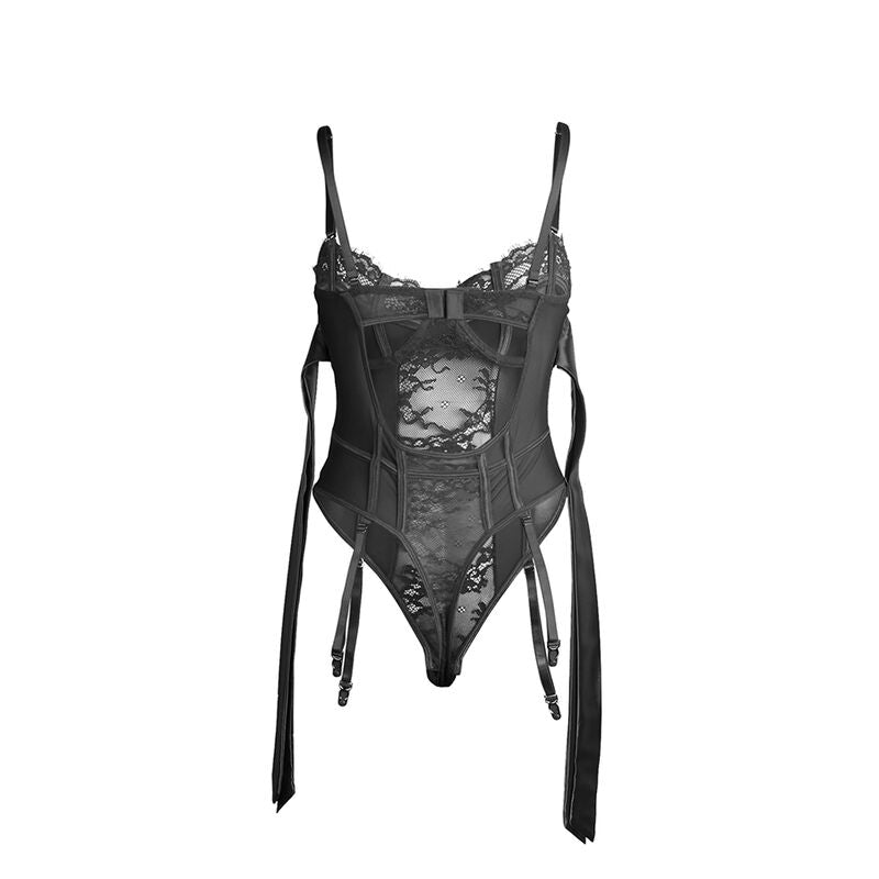 SUBBLIME - 955502 LACE BODYSUIT WITH BOWS AND GARTER STRAP BLACK L/XL
