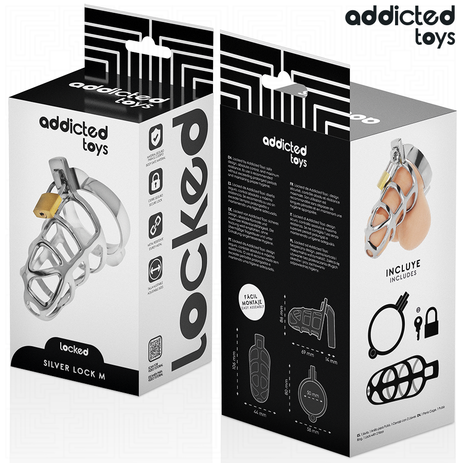 ADDICTED TOYS LOCKED - SILVER LOCK METAL PENIS CAGE SIZE M