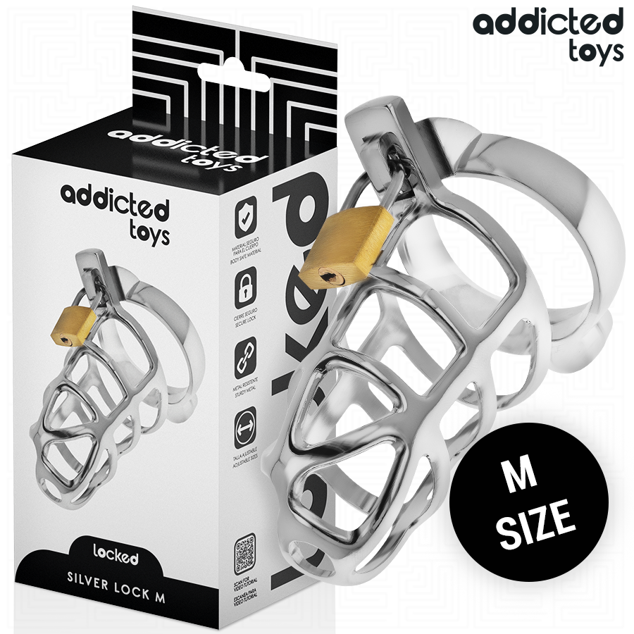 ADDICTED TOYS LOCKED - SILVER LOCK METAL PENIS CAGE SIZE M